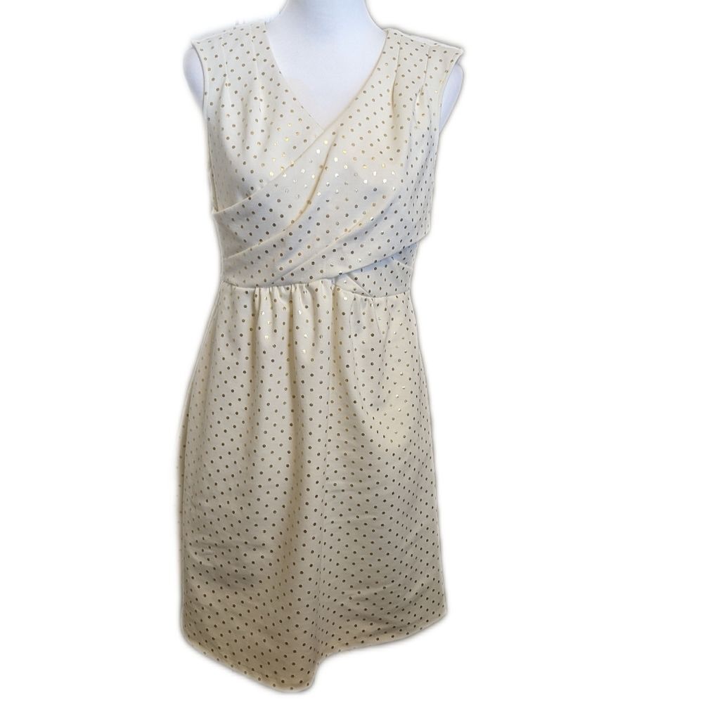 Maison Jules off-white cream w/ gold polka dots, mini dress, v-neck, size M